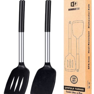 Bundlepro Set of two Silicone Spatula Turners, Non-Stick Strong and Slotted Kitchen Utensils in Black