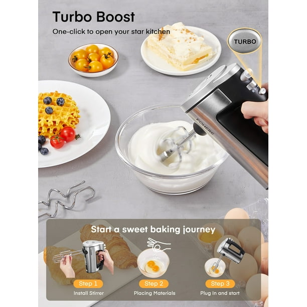 Electrical Hand Mixer with 6 Speeds and 300W Turbo Energy - Stainless Metal Handheld Mixer for Easy Whipping of Dough, Cream, and Cake