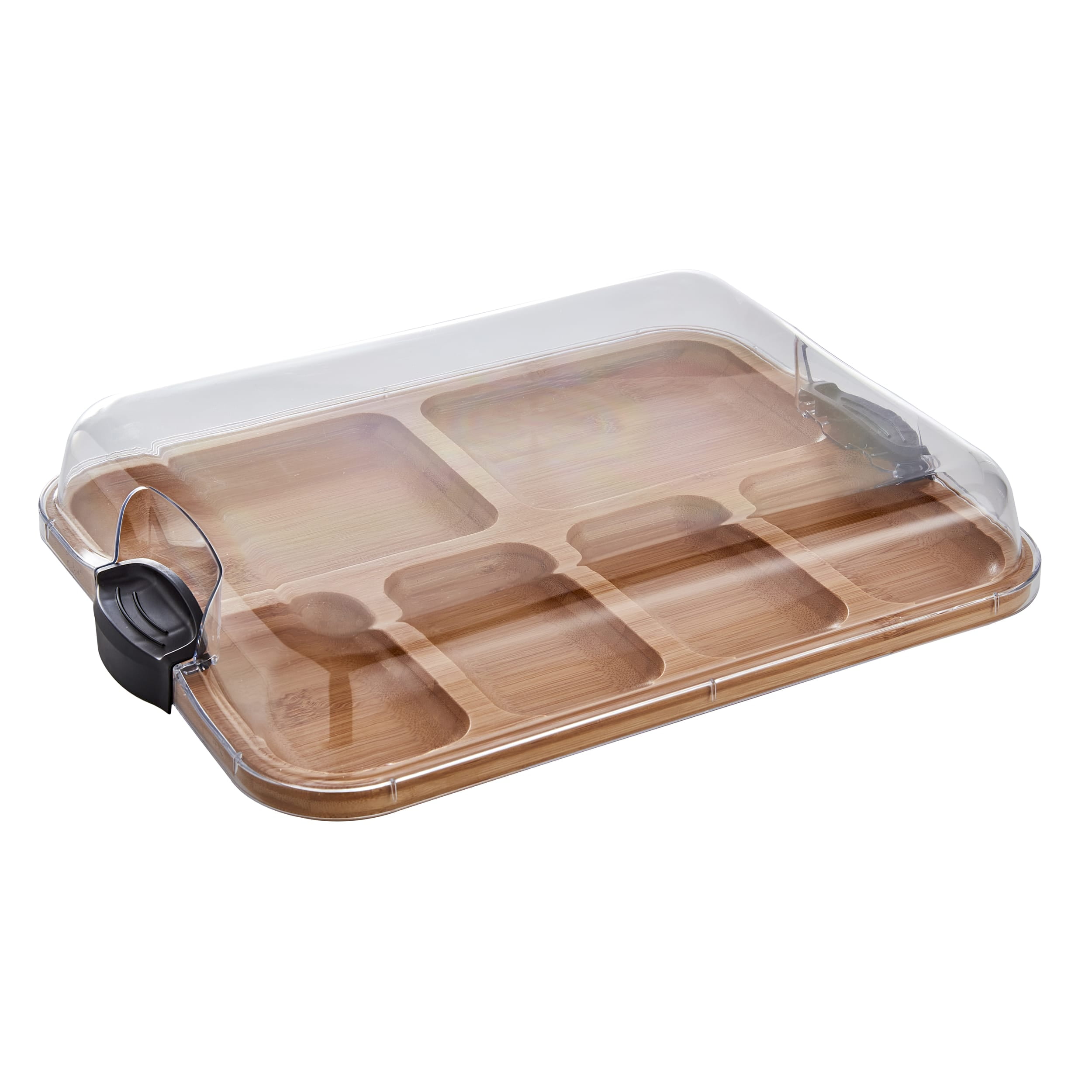 Farberware Bamboo Construct-a-Board with 6 Compartments and Locking Lid, Charcuterie Tray, 11×14 inches, Black