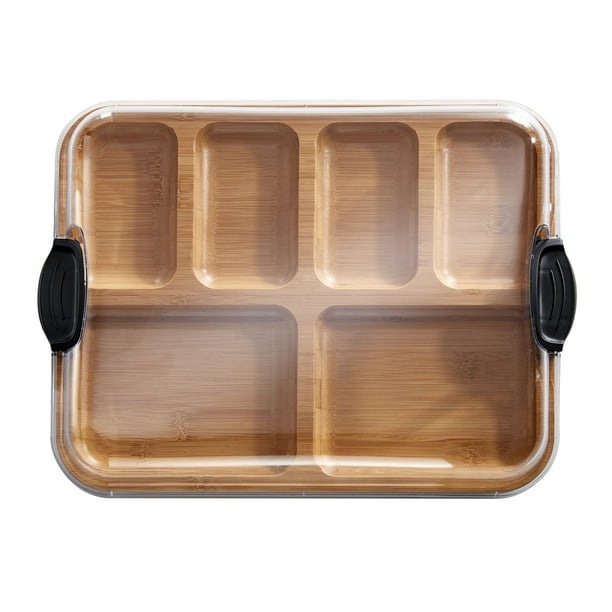 Farberware Bamboo Construct-a-Board with 6 Compartments and Locking Lid, Charcuterie Tray, 11x14 inches, Black