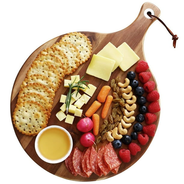 Hecef 12-Inch Spherical Acacia Wooden Charcuterie Board with Deal with - Good Serving Tray for Cheese, Pizza, Fruits, and Bread